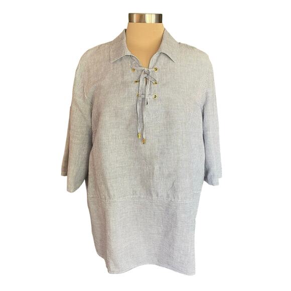 Ellen Tracy Linen Blend Popover Tunic Stripes Roll Tab Sleeves Lace Detail Sz XL - Picture 1 of 10